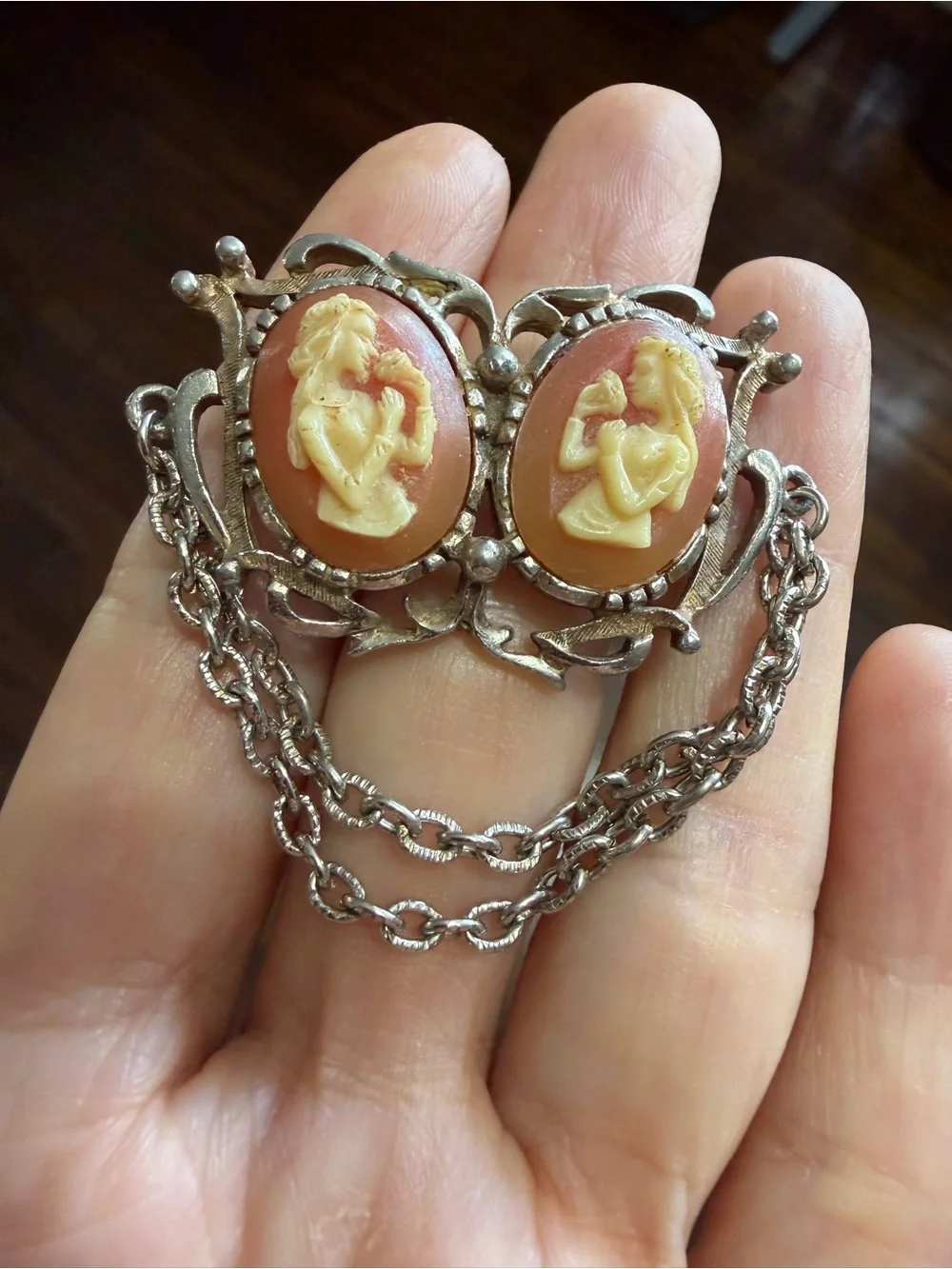 Vintage Mid-Century Double Cameo Sweater Guard Brooch Pin – Silver Tone Chatelai